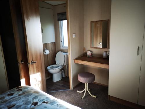 a bathroom with a toilet and a sink and a mirror at Pebble Bay Retreat in Milford on Sea