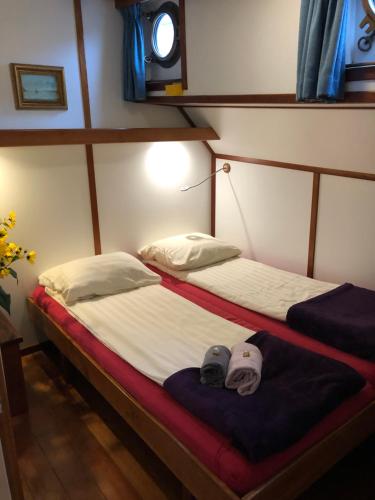 Ένα ή περισσότερα κρεβάτια σε δωμάτιο στο Hotelboot Zwaan