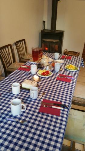 a table with a blue and white checkered table cloth at Derű Vendégház és Lovasudvar in Fenyőfő