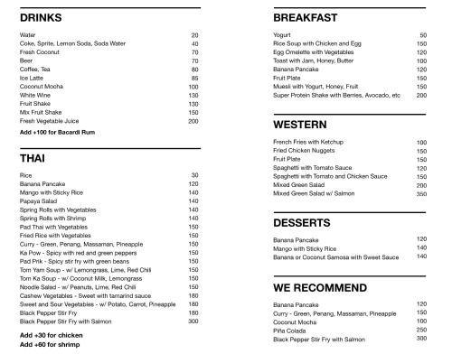 a screenshot of a menu for a restaurant at Coconut Beach Bungalows in Chaloklum