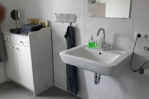 ein Badezimmer mit einem weißen Waschbecken und einem Spiegel in der Unterkunft Ferienwohnung an der Südheide 80 qm max 4 Personen in Dedelstorf