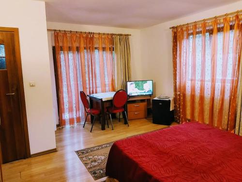 a bedroom with a bed and a table and a television at Pensiunea Agroturistică Piscul Soarelui in Cîmpulung