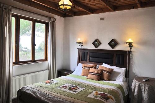 1 dormitorio con cama con almohadas y ventana en Hosteria Iloca, en Iloca