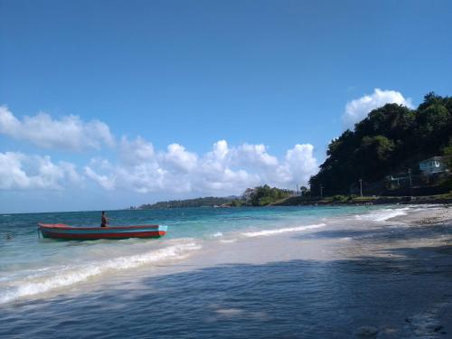 a person in a boat in the water on a beach at Port Antonio Brian's Beach House in Port Antonio