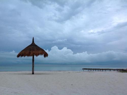 a straw umbrella on a beach with a pier at La Casa de Juan in Holbox Island