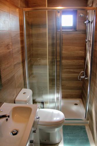a bathroom with a shower and a toilet and a sink at Vila Mafra - Grill Terrace in Mafra
