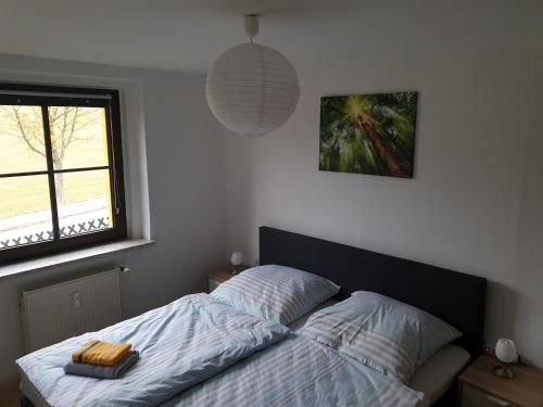 ein Schlafzimmer mit einem Bett mit zwei Handtüchern darauf in der Unterkunft Seiffen Neuhausener Straße 7 Fewo 2 in Kurort Seiffen