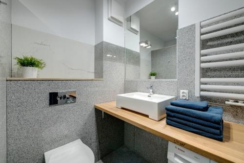 a bathroom with a sink and a mirror at Aquarius & FREE PARKING in Sopot
