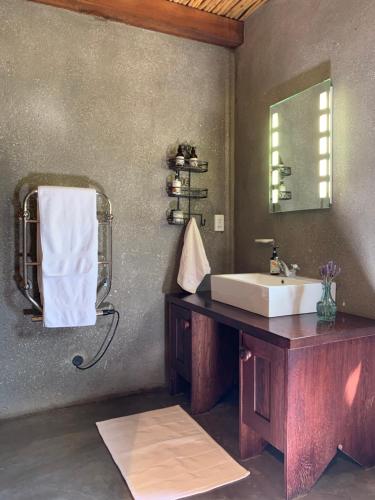 a bathroom with a sink and a mirror at Vineyard Cottage at Bosman Wines in Wellington