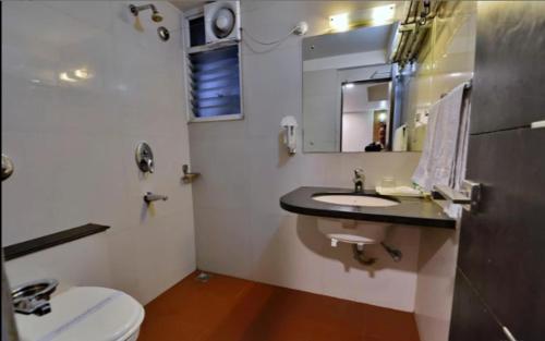 a bathroom with a sink and a toilet and a mirror at Hotel Shree Vatika in Bhopal