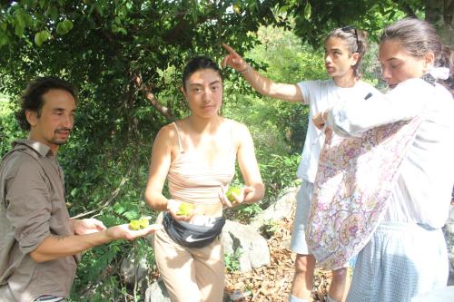 a group of people standing around a man holding fruit at Cham Island Smiles Homestay in Tân Hiệp