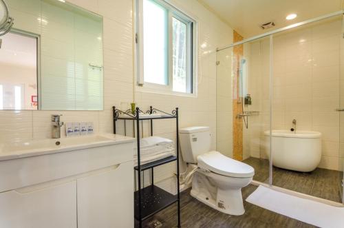 a bathroom with a toilet and a sink and a shower at Butchard Villas in Yuchi