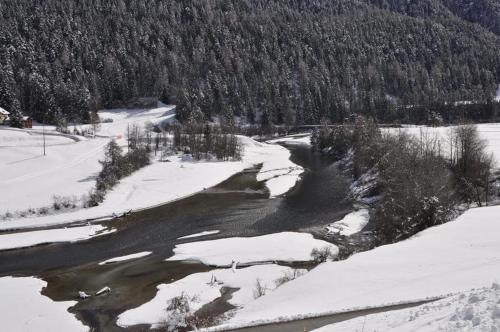 a river with snow and trees on a mountain at Guardamunt in Scuol