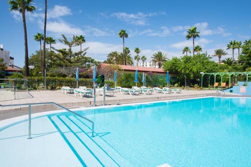 una gran piscina con sillas y palmeras en Bungalows Artemisa Gay Men Only, en Playa del Inglés