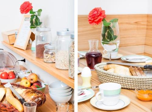 two pictures of a table with food and flowers at Gästehaus Auer Werner in Jois