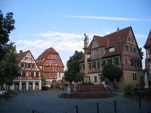 a group of buildings in a town with a fountain at Neu Heidelberg - Guesthouse & Apartments in Heidelberg