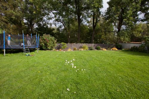 a yard with a fence and a play set in the grass at Chalupa u Pilných in Kaplice