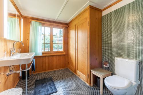 a bathroom with a toilet and a sink at Chalet Cauma in Flims