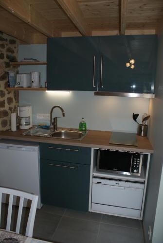 eine Küche mit einer Spüle und einer Mikrowelle in der Unterkunft La Boulangerie, charmant cocon pour déconnecter in Montfarville