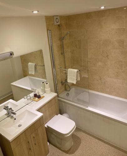 a bathroom with a sink and a toilet and a tub at Boars Head Hotel in Carmarthen