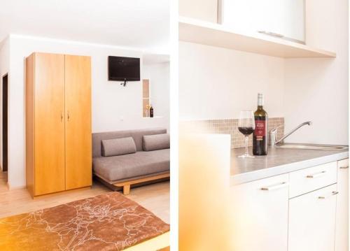 two images of a kitchen and a living room at Gästehaus Auer Werner in Jois