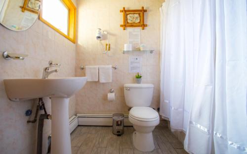 bagno con servizi igienici bianchi e lavandino di Hotel del Paine a Torres del Paine