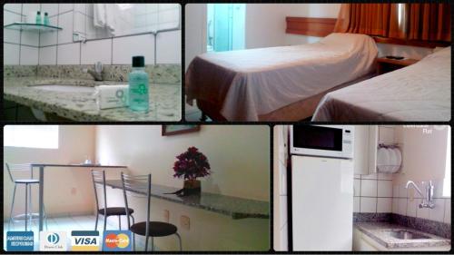 two pictures of a hotel room with a bed and a bathroom at Campus Liberdade Flat in Belo Horizonte