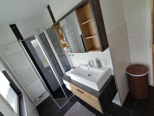 La salle de bains est pourvue d'un lavabo et d'un miroir. dans l'établissement Sonnenhaus Bara, à Winterberg