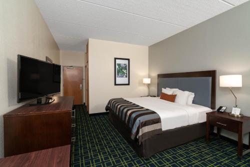 a hotel room with a bed and a flat screen tv at Wingate by Wyndham Fletcher at Asheville Airport in Fletcher