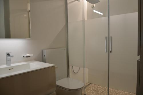 a bathroom with a shower and a toilet and a sink at Immeuble Panorama in Les Collons