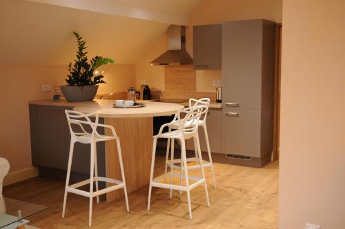 a kitchen with a island with four bar stools at Domaine du Buc , les Gîtes de Prestige in Marssac-sur-Tarn