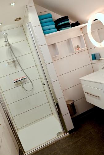 a bathroom with a shower and a sink at In De Achtste Hemel in Schimmert