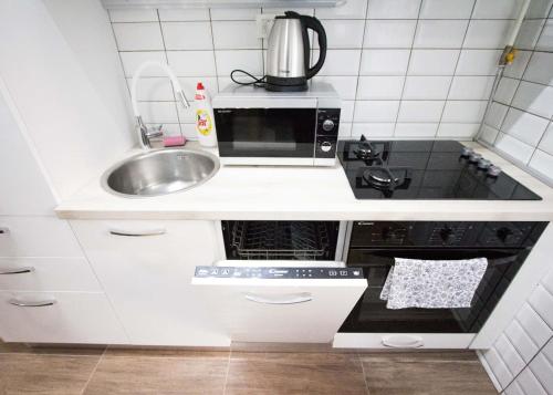 una piccola cucina con lavandino e forno a microonde di Good choice apartment Zagreb a Zagabria