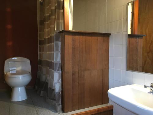 y baño con aseo y lavamanos. en La Casona Puelo Lodge, en Cochamó