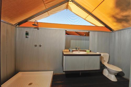 a bathroom with a shower and a sink and a toilet at Bungle Bungle Wilderness Lodge in Turkey Creek