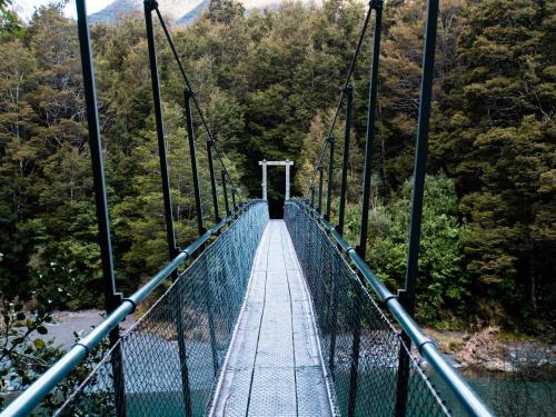 a suspension bridge over a river in a forest at Wonderland Makarora Lodge in Makarora