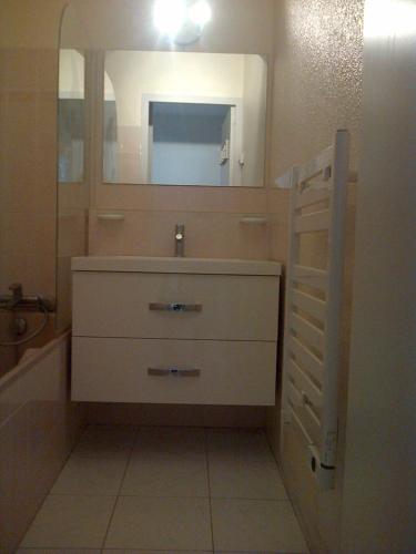 een badkamer met een wastafel en een spiegel bij Baie de la Méditerranée in Théoule-sur-Mer