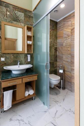 a bathroom with a sink and a toilet at Shera Park Boutique Hotel in Almaty