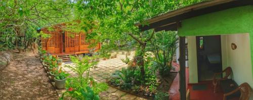 a garden with trees and plants and a house at Golden Rainbow Guest House in Dambulla