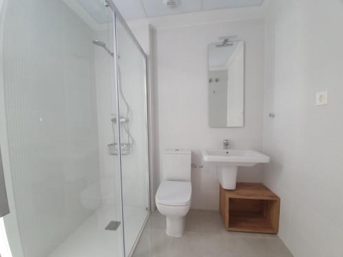 a white bathroom with a toilet and a sink at Silken Casa Platerias Siglo XV in Zaragoza