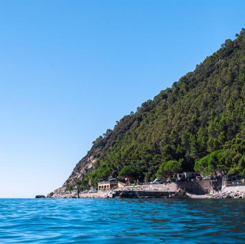 a large body of water with a hill with trees at Villaggio Smeraldo in Moneglia