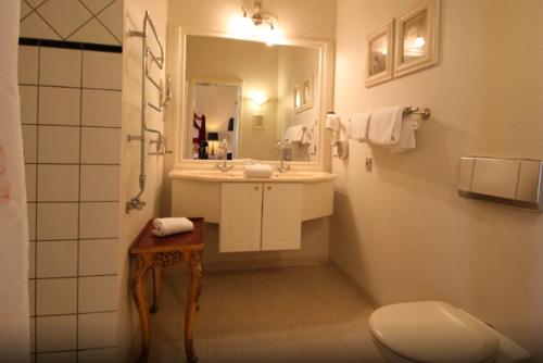 a bathroom with a sink and a toilet and a mirror at Hvedholm Slotshotel in Fåborg