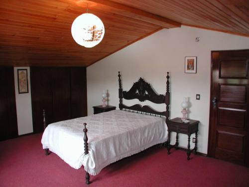 um quarto com uma cama grande e um tecto de madeira em Vivenda Arlindo em Lourinhã