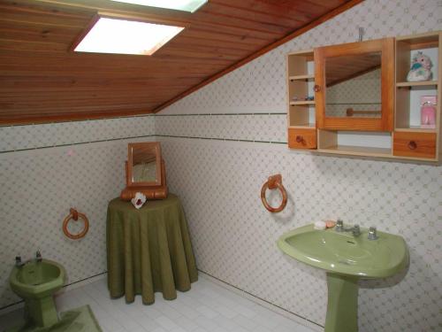 uma casa de banho com um lavatório verde e um WC em Vivenda Arlindo em Lourinhã