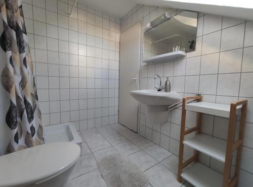 ein Badezimmer mit einem Waschbecken, einem WC und einem Spiegel in der Unterkunft Markal Apartman in Hévíz