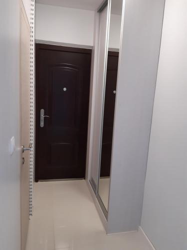 a bathroom with a mirror and a black door at Sobieskiego in Skierniewice