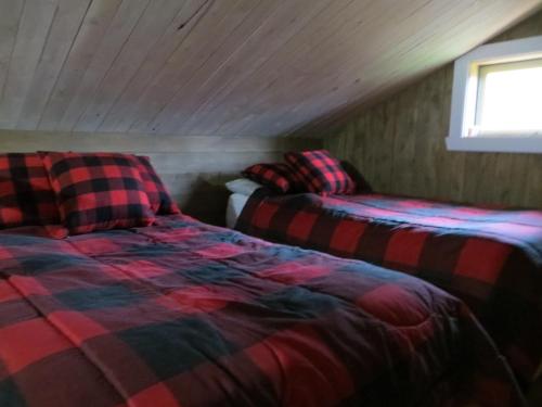 Un dormitorio con dos camas y una ventana. en La maison sous les arbres, en Saint Roch de Mekinac