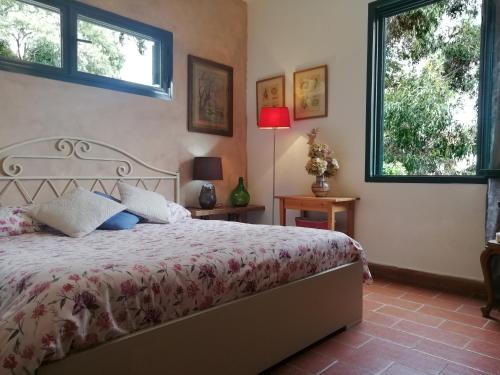 a bedroom with a bed and two windows at La Casetta in Mortola Inferiore