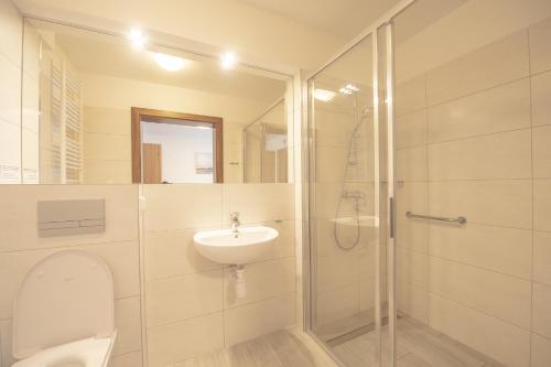 a bathroom with a toilet and a sink and a shower at Pomorze Ustka in Ustka