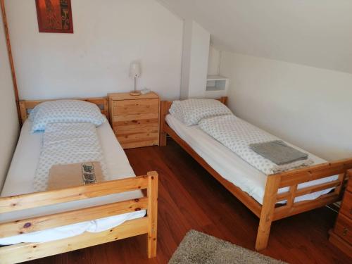 two twin beds in a room with wooden floors at Abacus House in Csopak